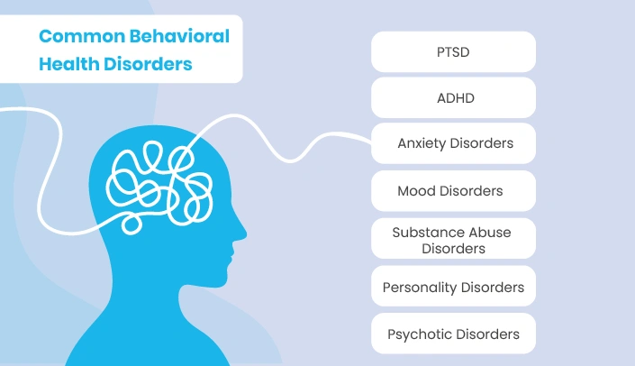 Common behavioral health disorders including anxiety, ADHD, PTSD, and mood disorders